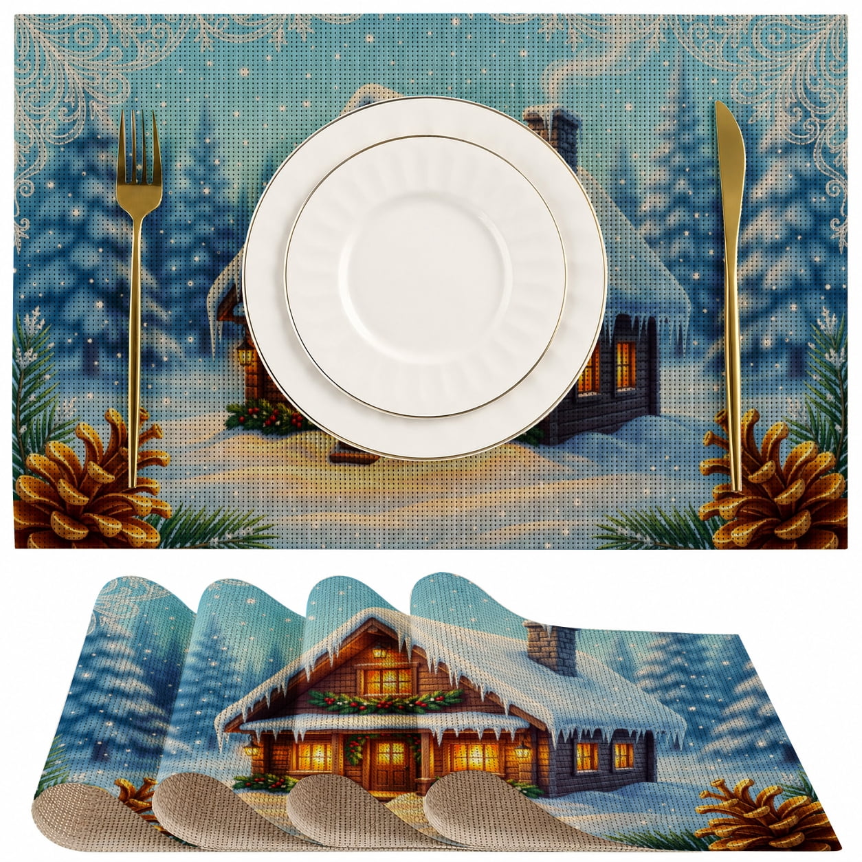 SPXUBZ Linen Placemats Winter Snow House Cottage Landscape Table Mats ...