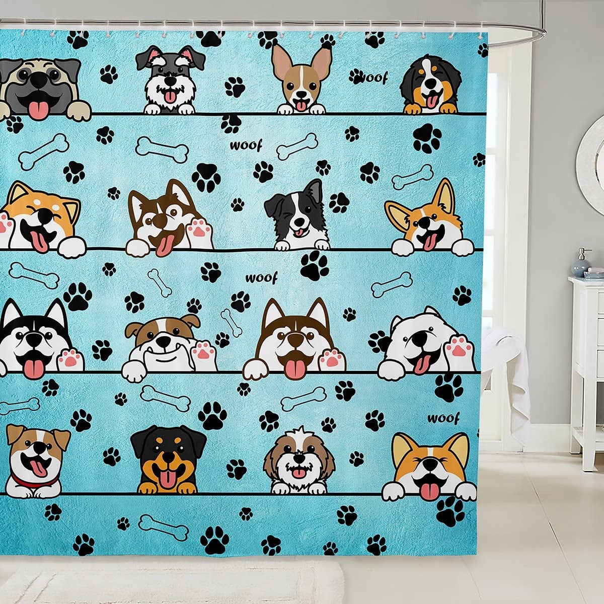 SPXUBZ Lovely Dog Shower Curtain with Hooks,Cute Puppies Cartoon Animal