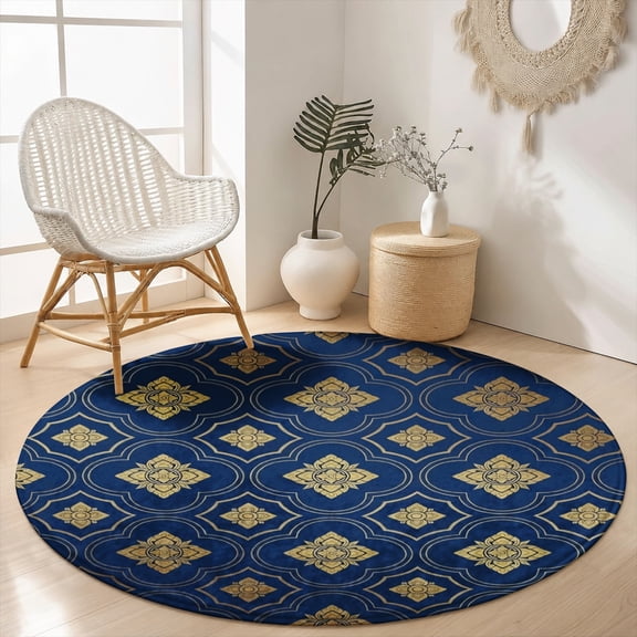 SPXUBZ Luxury Blue Gold Diamond Lattice Grid Round Area Rug, Royal Velvet Washable Circle Carpet, Non-Slip Backing Floor Mat for Bedroom Living Room Elegant Decor (31.5", 39.4", 63", 78.7")