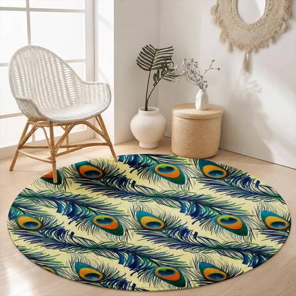 SPXUBZ Luxury Peacock Feather All-Over Round Area Rug, Soft Velvet Washable Circle Carpet, Non-Slip Backing Floor Mat for Living Room Bedroom Vibrant Boho Home Decor (31.5", 39.4", 63", 78.7")