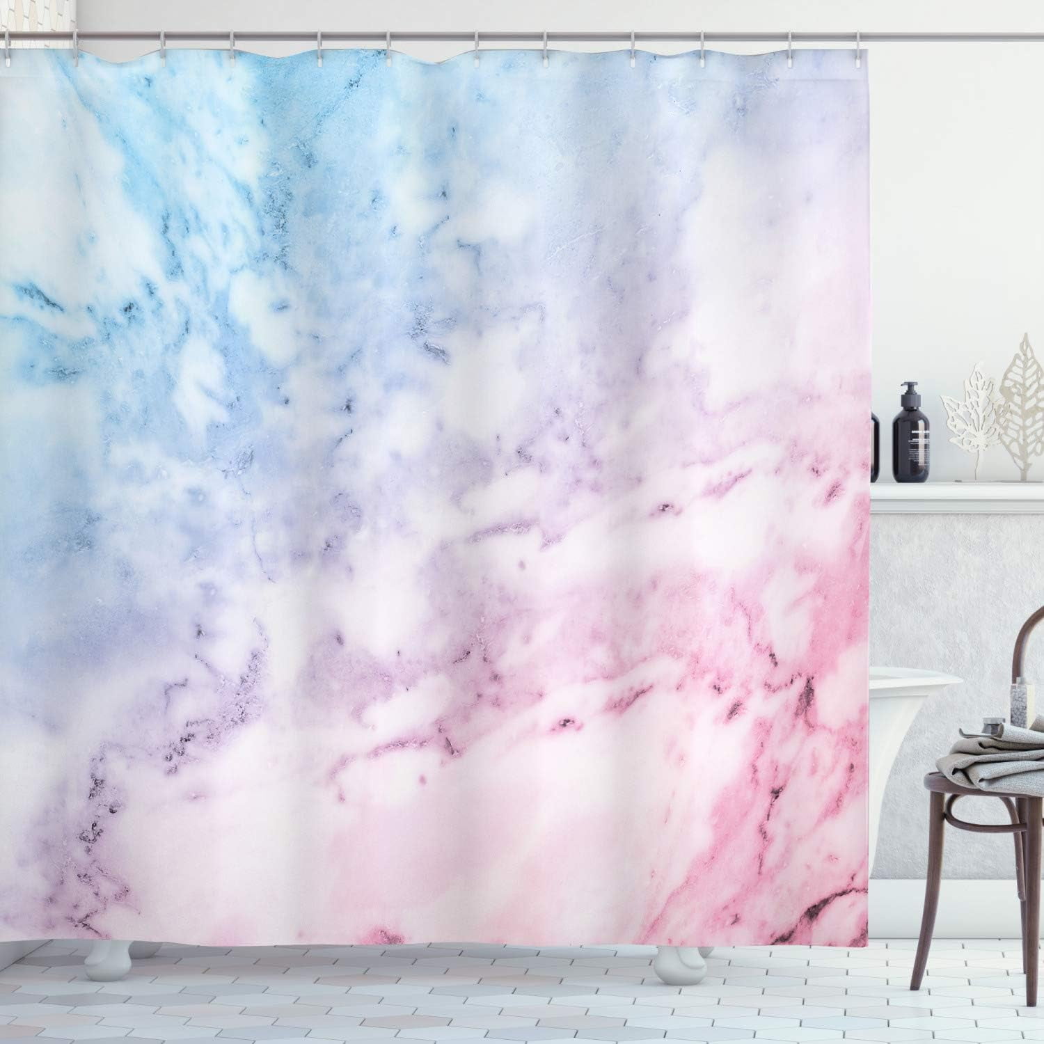 SPXUBZ Marble Print Shower Curtain, Pastel Toned Cloudy Crack Lines Stained Antique Shabby