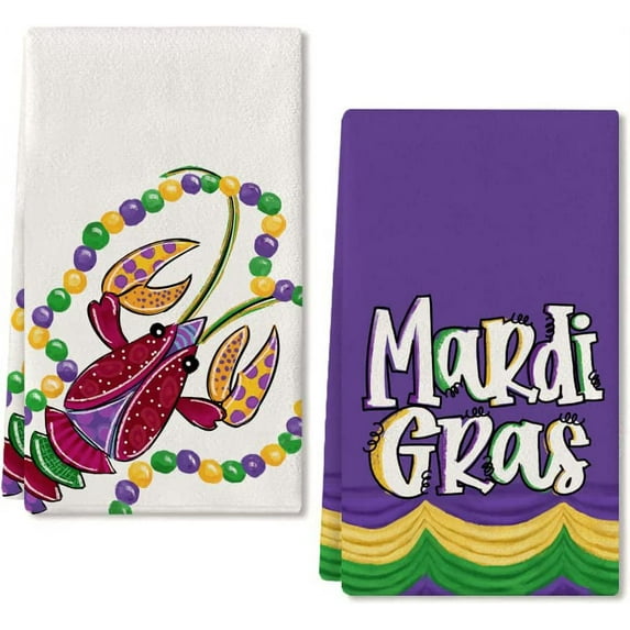SPXUBZ Mardi Gras Kitchen Towels, Purple Yellow Green Mardi Gras Crawfish Decor Beaded Towels for Home Kitchen Holiday Decor Housewarming Gift Towels Set of 2