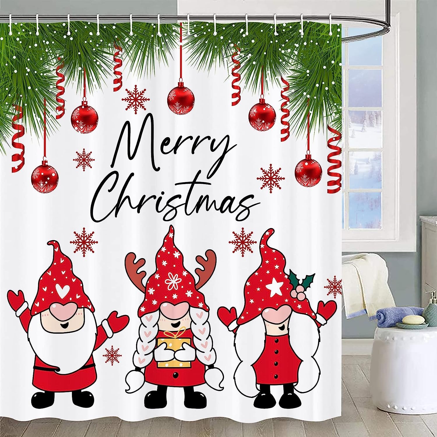 SPXUBZ Merry Christmas Bath Curtain Xmas Cute Gnome Red Ball Snowflake