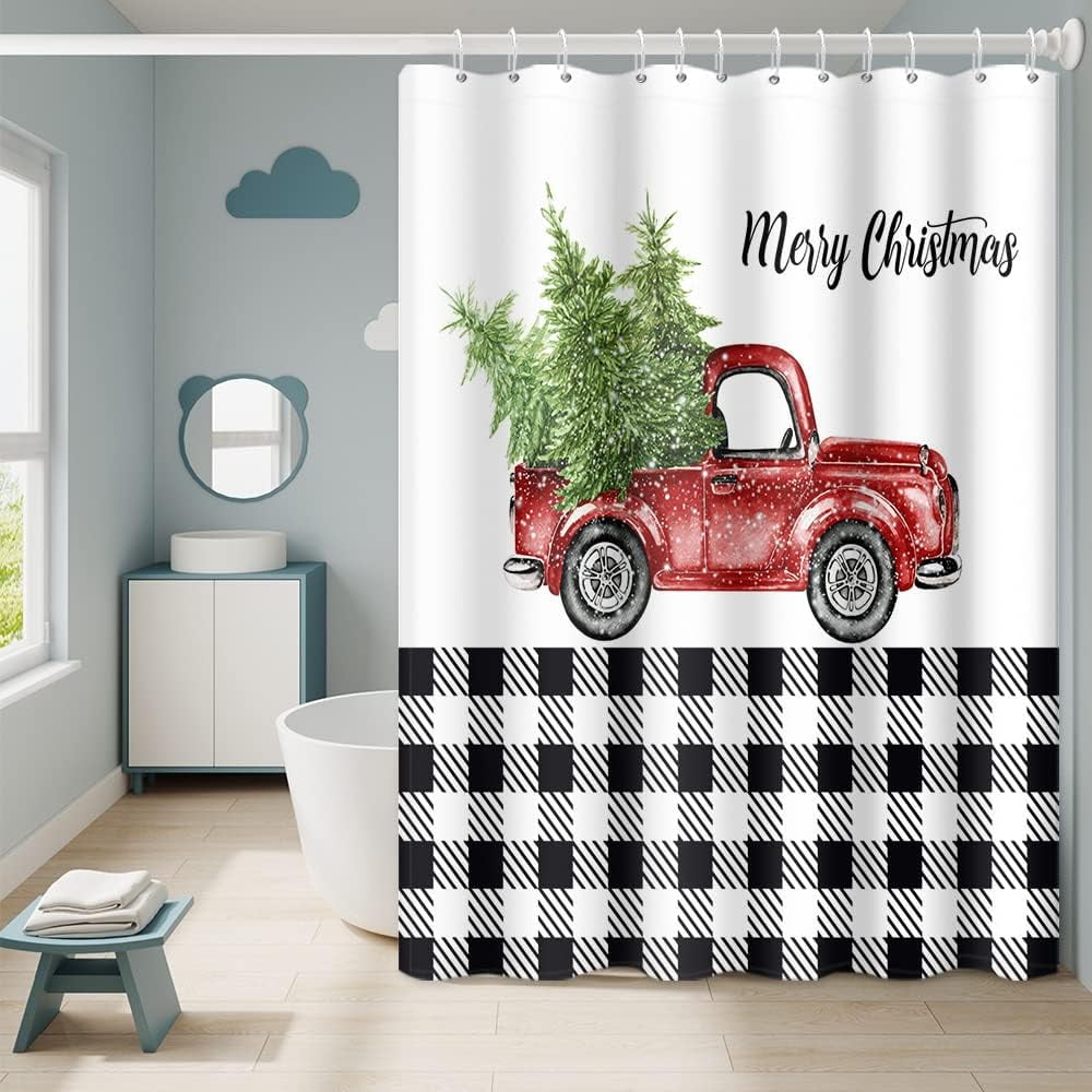 Merry Christmas Shower Curtain - Reindeer Snowflake Buffalo Plaid Design, Waterproof, 72x72 Inches With Hooks - View #11