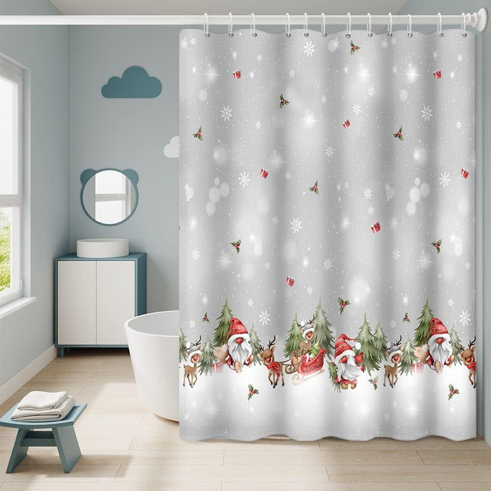SPXUBZ Merry Christmas Shower Curtain with Hooks Gnome and Reindeer