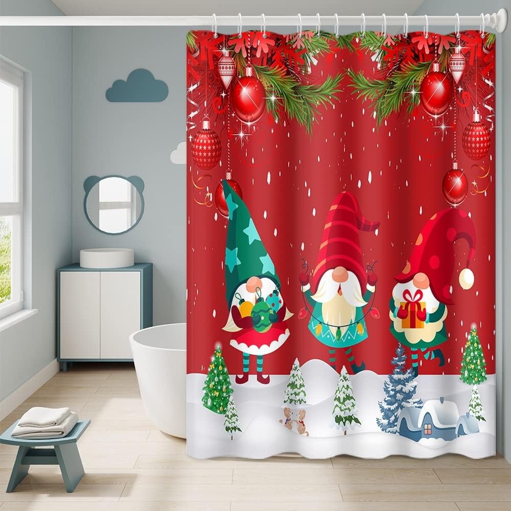 SPXUBZ Merry Christmas Shower Curtain with Hooks Gnomes Red Xmas Balls