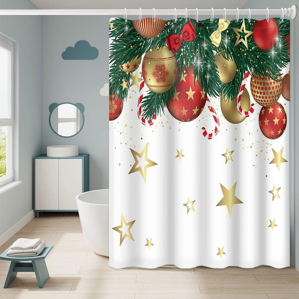 SPXUBZ Merry Christmas Shower Curtain with Hooks Red and Gold Xmas