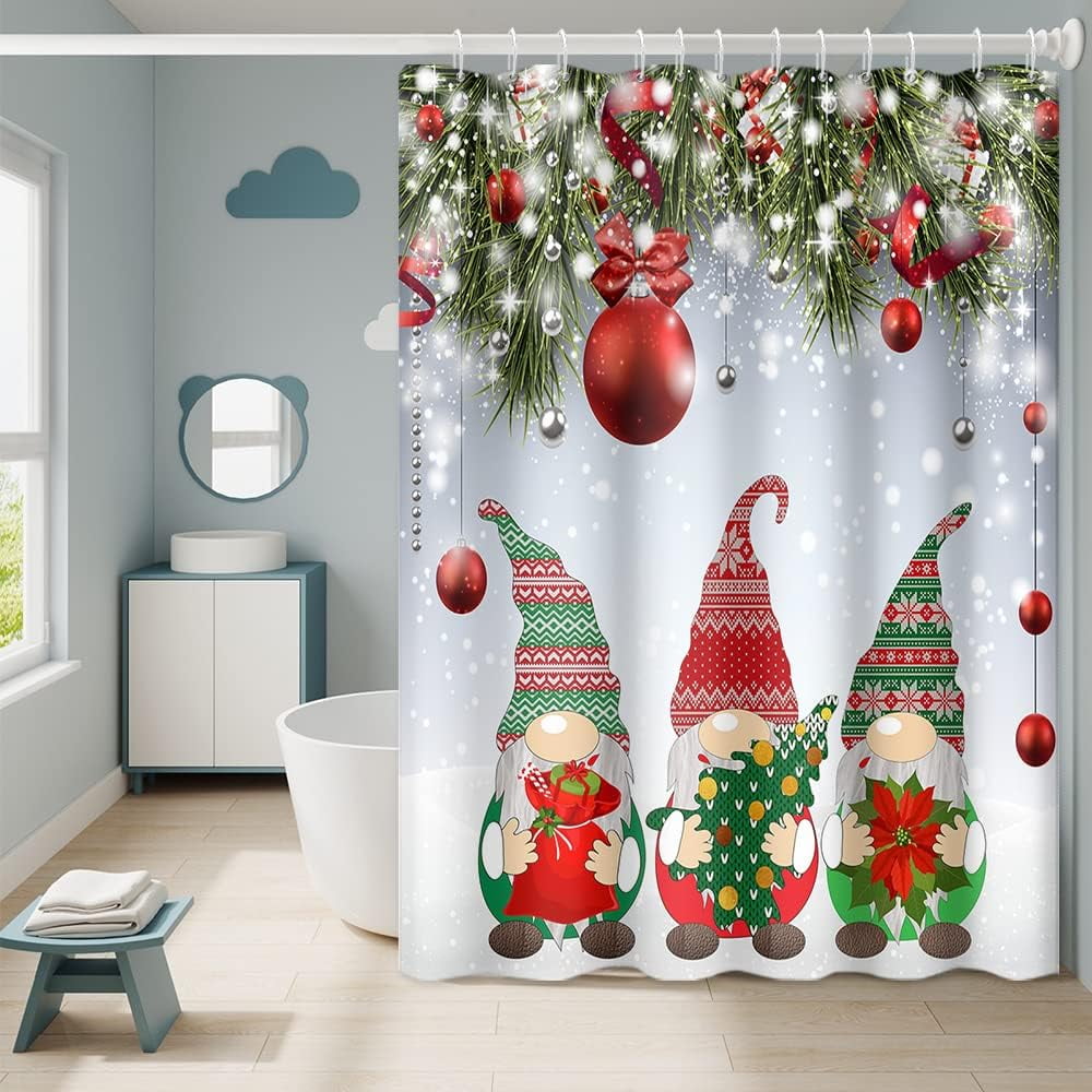 SPXUBZ Merry Christmas Shower Curtain with Hooks Red Xmas Balls Gnome