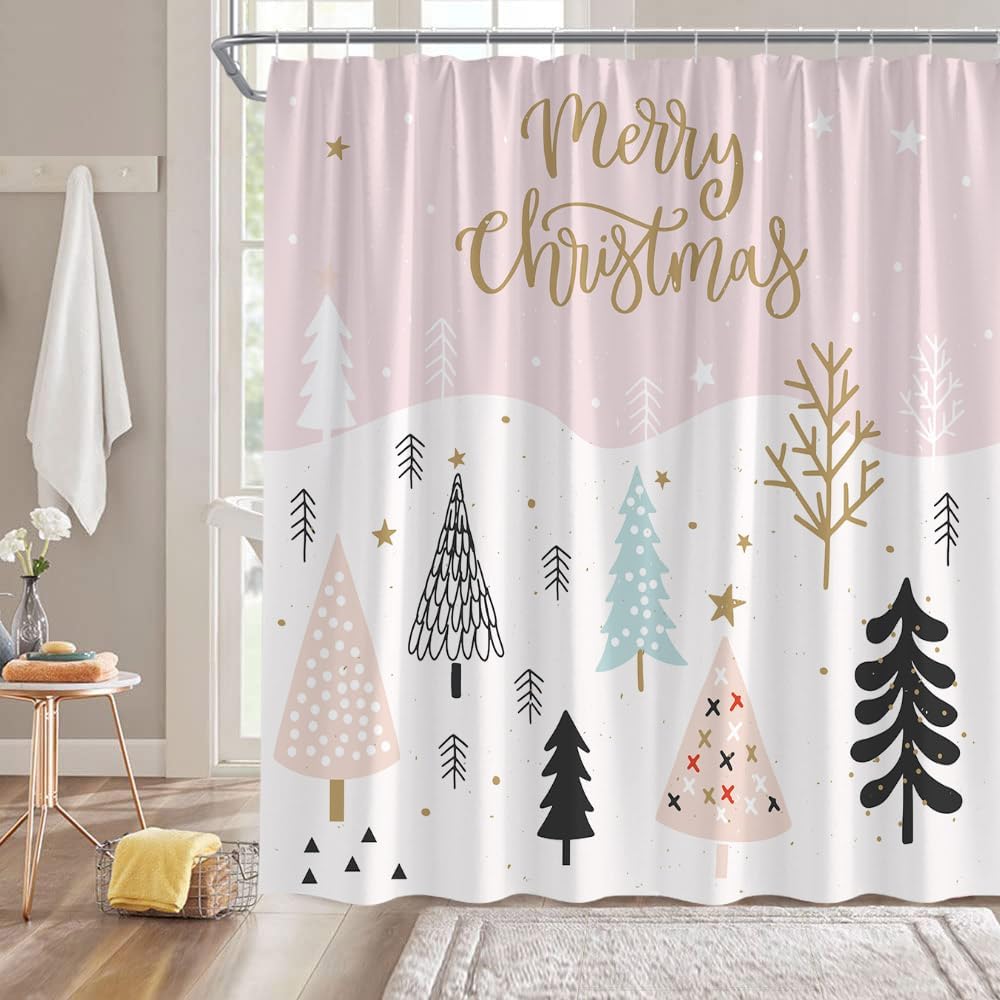 SPXUBZ Merry Christmas Shower Curtain Pink Gray Black Xmas Tree Snowflake Vintage Rustic Winter