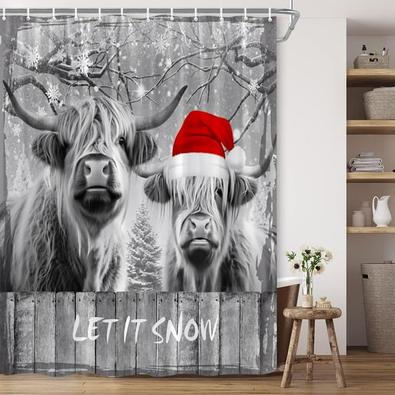 SPXUBZ Merry Christmas Shower Curtain Rustic Farmhouse Highland Cow with Xmas Hat Snowflake Grey Misty Forest Fence Holiday Polyester Fabric Bathroom Decor 72x72 inch with Hook