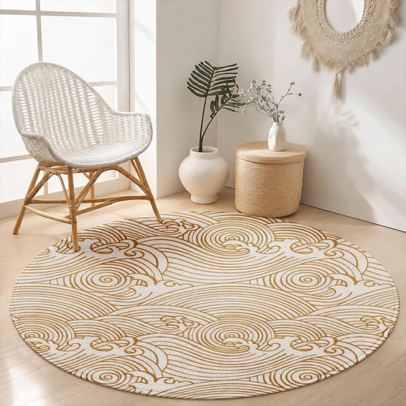 SPXUBZ Minimalist Cream White Line Texture Round Area Rug, Soft Velvet Washable Circle Carpet, Non-Slip Floor Mat for Bedroom Living Room Neutral Farmhouse Boho Decor (31.5", 39.4", 63", 78.7")