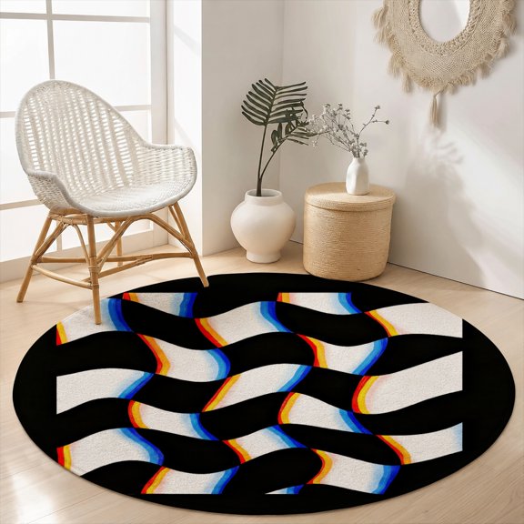 SPXUBZ Modern Abstract Black White Wave Round Area Rug, Optical Illusion Velvet Washable Circle Carpet, Non-Slip Floor Mat for Living Room Bedroom Trendy Dorm Decor (31.5", 39.4", 63", 78.7")