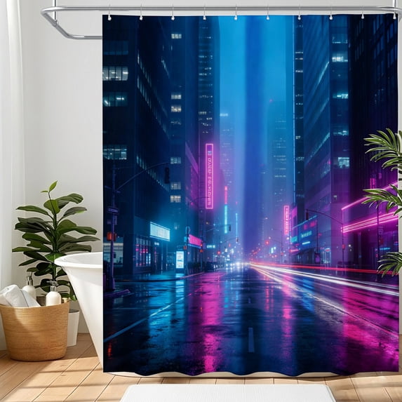 SPXUBZ Modern City Shower Curtain 72 x 72 Inch, Contemporary Bathroom Decor Curtain, Urban Night Skyline Design Waterproof Bath Curtain for Apartment Home