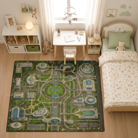 SPXUBZ Modern Urban Circular Road Map for son and daughter Play Rug, Soft Velvet City Road Map Area Rug for Playroom Bedroom, Educational Toy Car Track Floor Mat 63"×39.4"