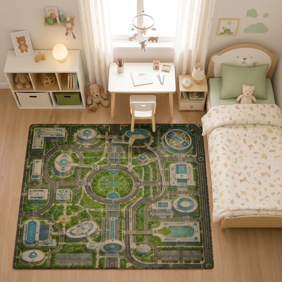SPXUBZ Modern Urban Circular Road Map for son and daughter Play Rug, Soft Velvet City Road Map Area Rug for Playroom Bedroom, Educational Toy Car Track Floor Mat
