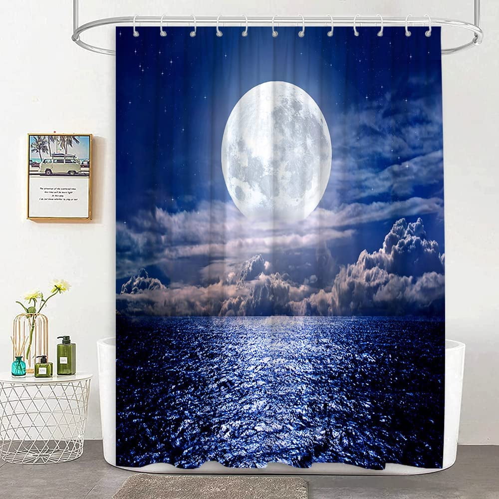 SPXUBZ Moon Shower Curtains Beach Ocean Tropical Night Full Moon Starry