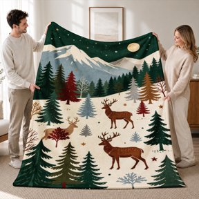 SPXUBZ Mountain Pine Tree Deer Flannel Fleece Throw Blanket, Forest Wildlife Night Scene Print Soft Warm Blanket, Rustic Cabin Decor Blanket for Sofa Bed