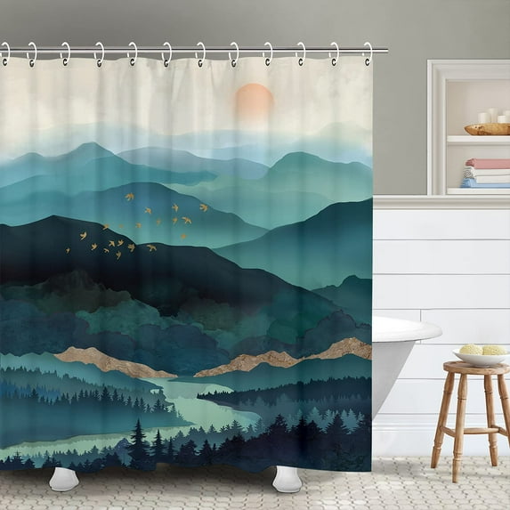 SPXUBZ Mountain Shower Curtain, Teal Shower Curtain for Bathroom, Cool Shower Curtain Nature Shower Curtain Hooks, Watercolor Misty Forest Sun Sunset Landscape Shower Curtain, 72Wx72H Inch