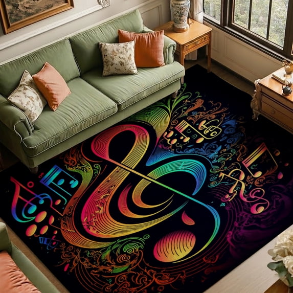 SPXUBZ Music Notes Velvet Area Rug, Colorful Musical Instrument Pattern Rectangle Floor Carpet, Soft Plush Non Slip Rug for Bedroom Game Room 63"×39.4"