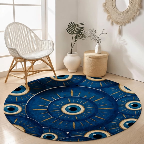 SPXUBZ Mystic Midnight Blue Eye Totem Mandala Round Area Rug, Velvet Washable Circle Carpet, Non-Slip Floor Mat for Bedroom Living Room Spiritual Boho Chic Decor (31.5", 39.4", 63", 78.7")