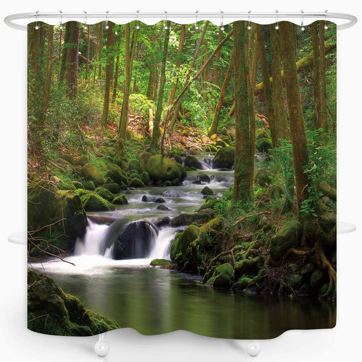 SPXUBZ Nature Shower Curtain Stream Forest Waterfall Polyester Waterproof 72x72 inch with Hooks
