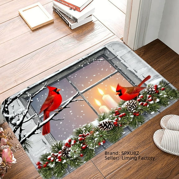 SPXUBZ Non Slip Flannel Floor Mat Christmas Cardinals Window Scene for Bathroom Kitchen Bedroom Decor 16x24 inch