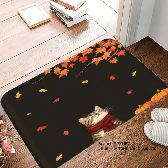 SPXUBZ Non Slip Flannel Floor Mat with Autumn Cat and Leaves Design for Bathroom Kitchen Bedroom Decor 16x24 inch