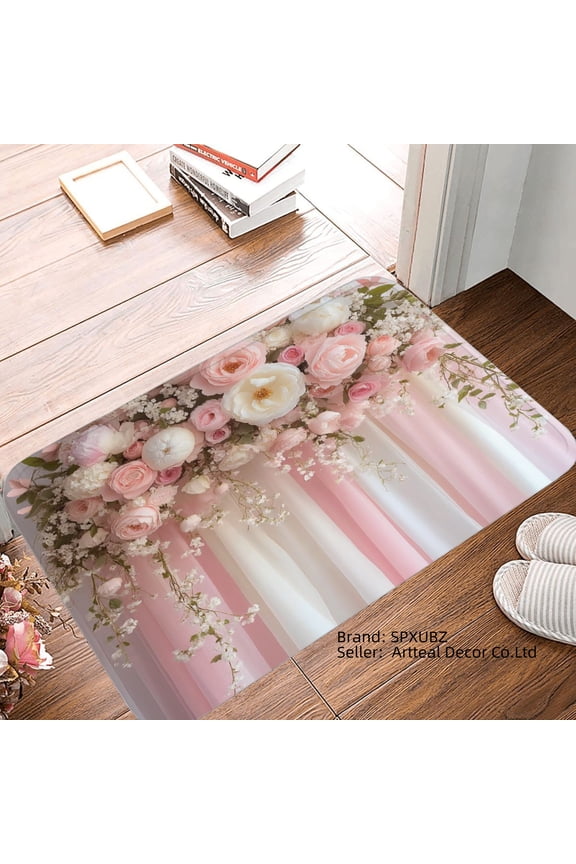 Non Slip Flannel Floor Mat with Elegant Floral Design for Bathroom Kitchen Bedroom Decor 16x24 inch