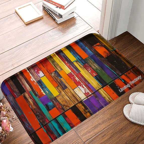 SPXUBZ Non Slip Flannel Polyester Floor Mat Colorful Wooden Pattern For Bathroom Kitchen Bedroom Decoration 31.5x19.7 inch
