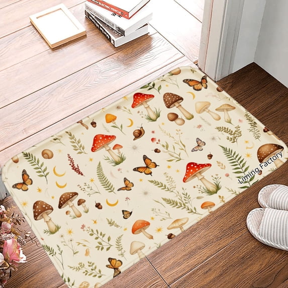 SPXUBZ Non Slip Flannel Polyester Floor Mat Mushroom And Butterfly Pattern For Bathroom Kitchen Bedroom Decoration 31.5x19.7 inch