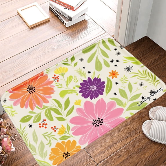 SPXUBZ Non Slip Flannel Polyester Floor Mat With Colorful Floral Design For Bathroom Kitchen Bedroom Decoration 24x16 inch