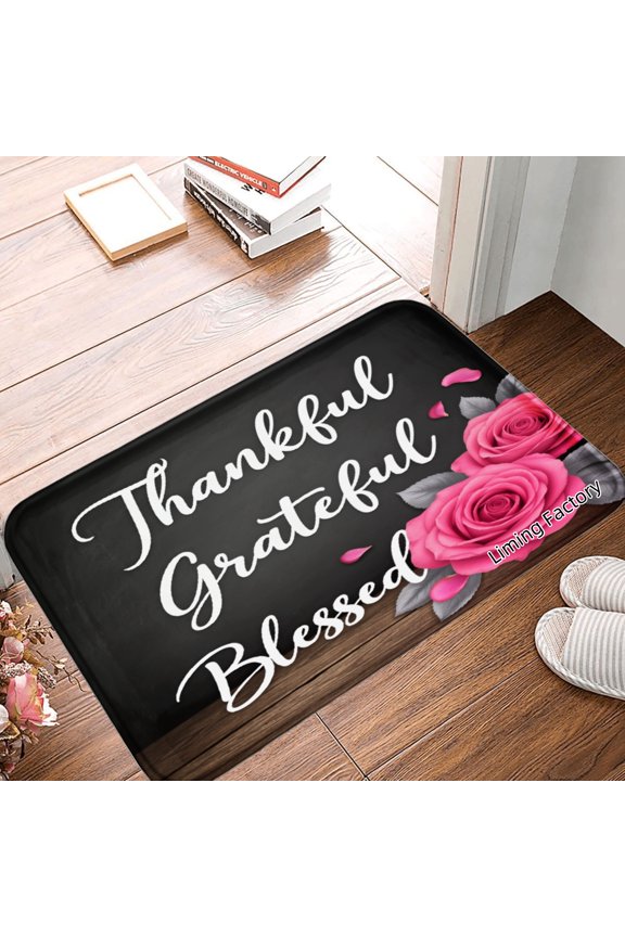 Non Slip Flannel Polyester Kitchen Floor Mat Thankful Grateful Blessed With Pink Roses For Bedroom Bathroom Decoration 24x16 inch