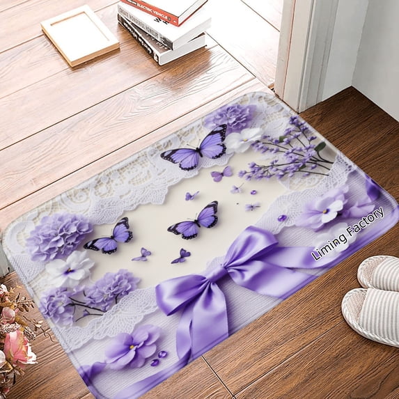 SPXUBZ Non Slip Flannel Polyester Kitchen Floor Mat With Purple Flowers And Butterflies For Bedroom Bathroom Decoration 24x16 inch