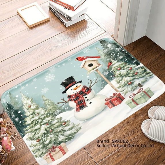 SPXUBZ Non-slip Flannel Floor Mat Christmas Snowman and Pine Tree Design for Bathroom Kitchen Bedroom Decor 16x24 inch