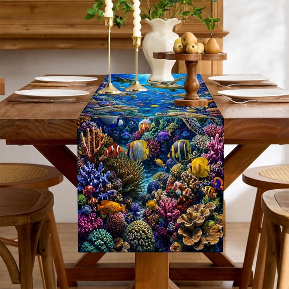 SPXUBZ Ocean Coral Reef Sea Turtle Table Runner 13 x 72 Inch Coastal Marine Life Dining Table Runner for Kitchen Dining Room Beach House Farmhouse Home Decor