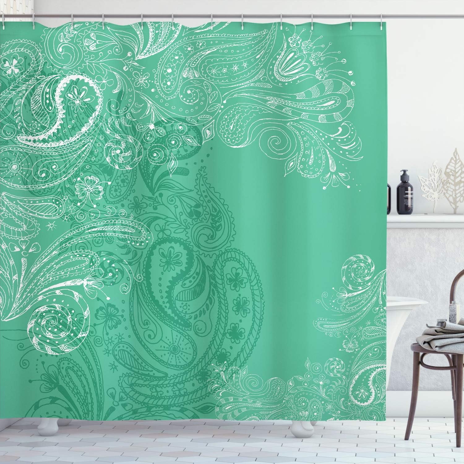 SPXUBZ Paisley Shower Curtain, Hand Drawn Swirling Floral Motifs