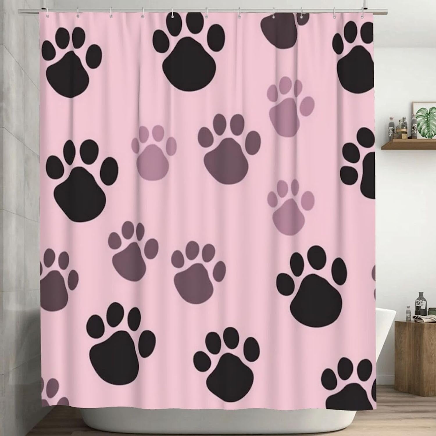SPXUBZ Paw Print Shower Curtain for Bathroom, Black Pink Cute Cat Dog