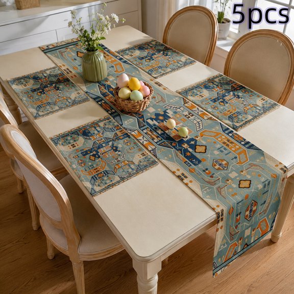SPXUBZ Persian Style Table Runner and Placemats Set of 5, 4 Pack Linen Dining Mats with Table Runner, Elegant Floral Tapestry Design, Heat Resistant Washable Kitchen Table Decor