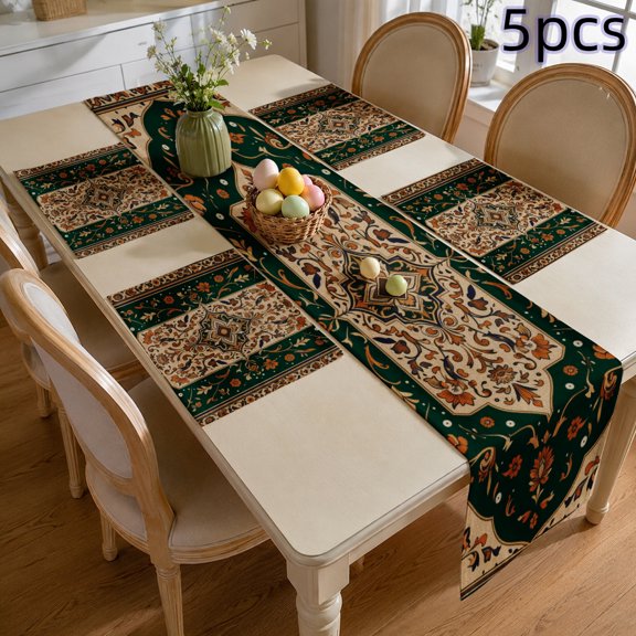 SPXUBZ Persian Style Table Runner and Placemats Set of 5, 4 Pack Linen Dining Mats with Table Runner, Exotic Moroccan Boho Geometric Design, Heat Resistant Washable Kitchen Table Decor