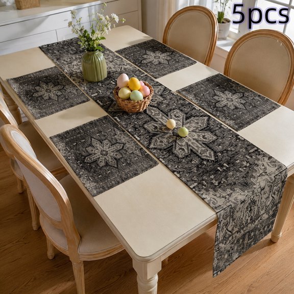 SPXUBZ Persian Style Table Runner and Placemats Set of 5, 4 Pack Linen Dining Mats with Table Runner, Retro Distressed Oriental Design, Heat Resistant Washable Kitchen Table Decor