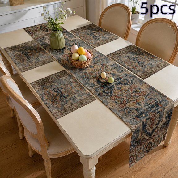 SPXUBZ Persian Style Table Runner and Placemats Set of 5, 4 Pack Linen Dining Mats with Table Runner, Rustic Farmhouse Damask Design, Heat Resistant Washable Kitchen Table Decor