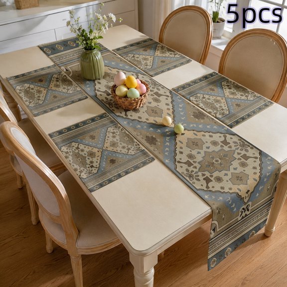 SPXUBZ Persian Style Table Runner and Placemats Set of 5, 4 Pack Linen Dining Mats with Table Runner, Rustic Farmhouse Damask Design, Heat Resistant Washable Kitchen Table Decor