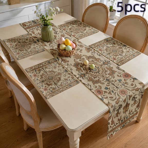 SPXUBZ Persian Style Table Runner and Placemats Set of 5, 4 Pack Linen Dining Mats with Table Runner, Rustic Farmhouse Damask Design, Heat Resistant Washable Kitchen Table Decor