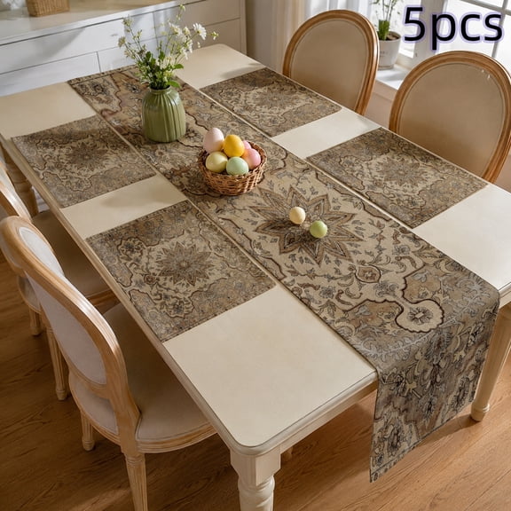 SPXUBZ Persian Style Table Runner and Placemats Set of 5, 4 Pack Linen Dining Mats with Table Runner, Vintage Persian Medallion Design, Heat Resistant Washable Kitchen Table Decor, Brown / Red, FS26