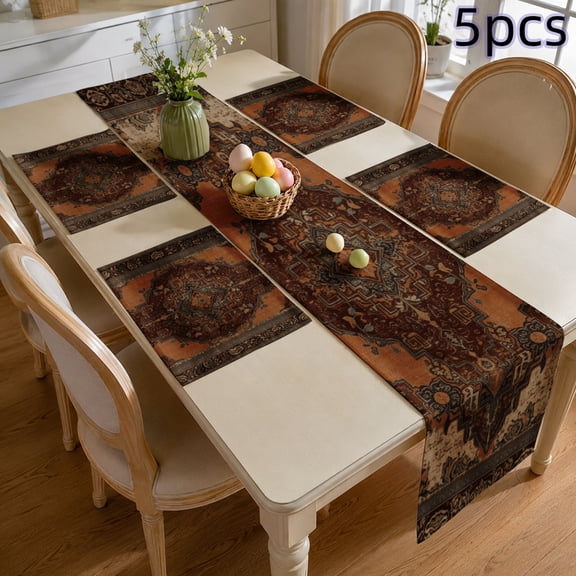 SPXUBZ Persian Style Table Runner and Placemats Set of 5, 4 Pack Linen Dining Mats with Table Runner, Vintage Persian Medallion Design, Heat Resistant Washable Kitchen Table Decor, Brown / Red, FS2