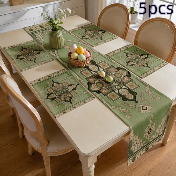 SPXUBZ Persian Style Table Runner and Placemats Set of 5, 4 Pack Linen Dining Mats with Table Runner, Heat Resistant Washable Kitchen Table Decor