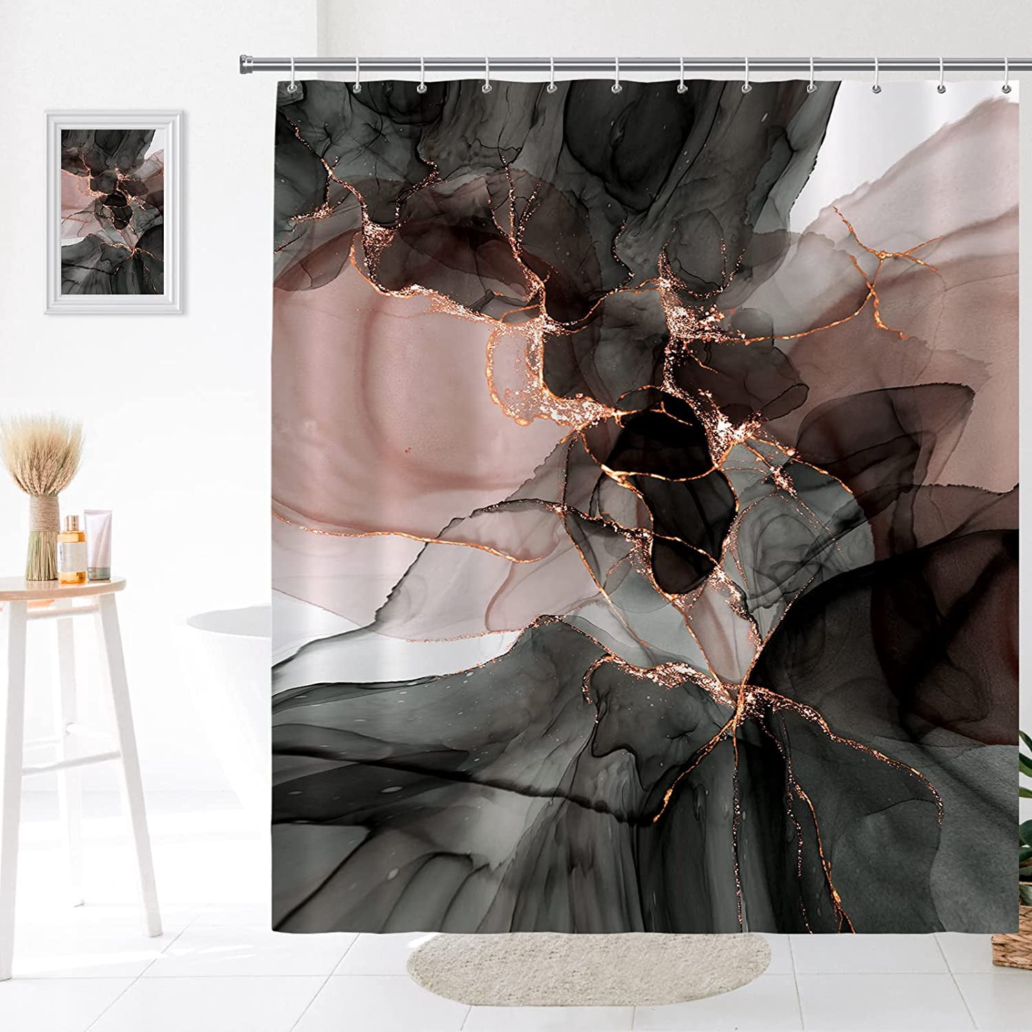 SPXUBZ Pink Gold Marble Shower Curtain,Marble Luxury Gradient Gold Black Shower Curtain for