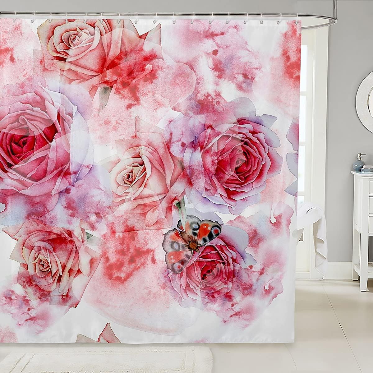 SPXUBZ Pink Rose Shower Curtain Floral Tie Dye Bath Curtain Butterfly Bathroom Sets For Kids