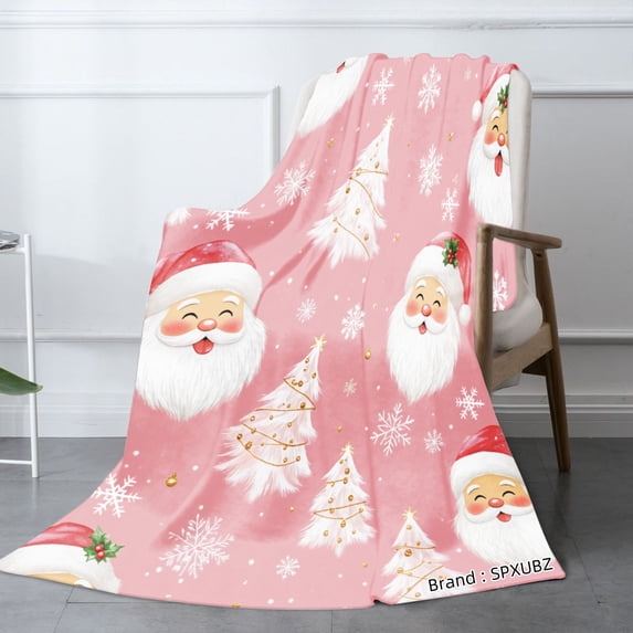SPXUBZ Pink Santa Claus Christmas Flannel Throw Blanket with Snowflakes and Trees for Winter Christmas Gift Home Sofa Bed Decoration 60x50 inch