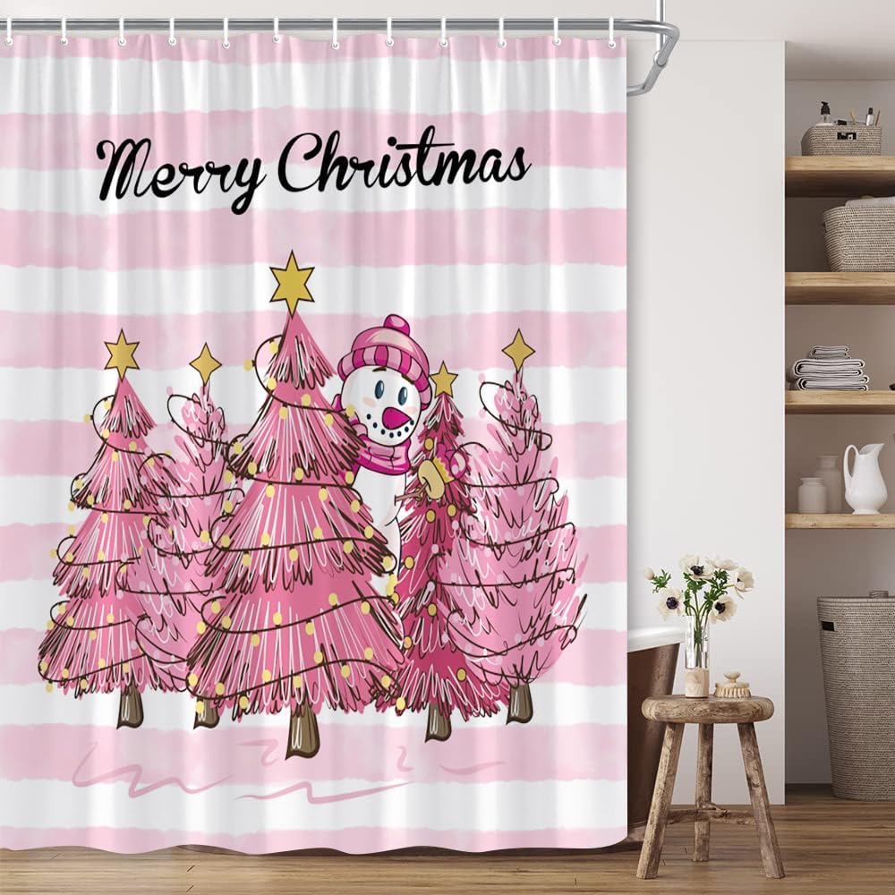 Leowefowa Christmas Snowman Shower Curtain – 72x72 Inch, Waterproof Polyester, Winter Scenery, Includes Hooks